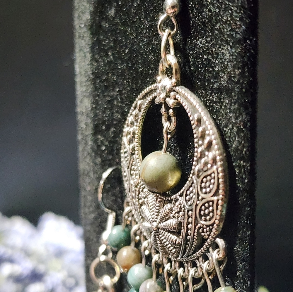 Silver Bohemian Dangle Earrings with Picasso Jasper Beads - Picture 4 of 5